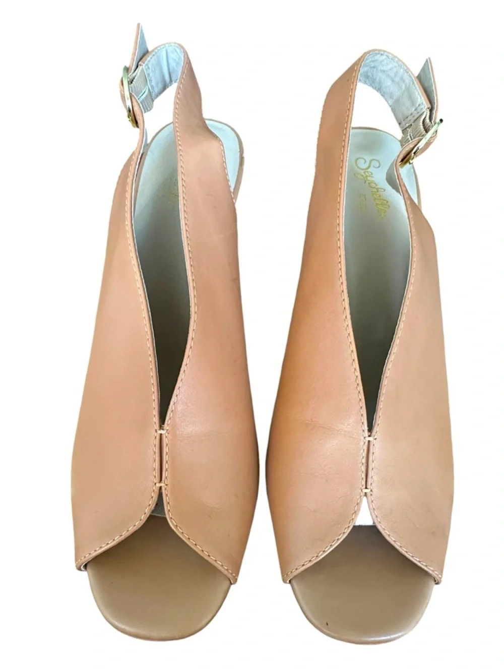 SEYCHELLES Peep Toe Tan‎ Leather Slingback Wedge Sandals Size 10 Summer Neutral